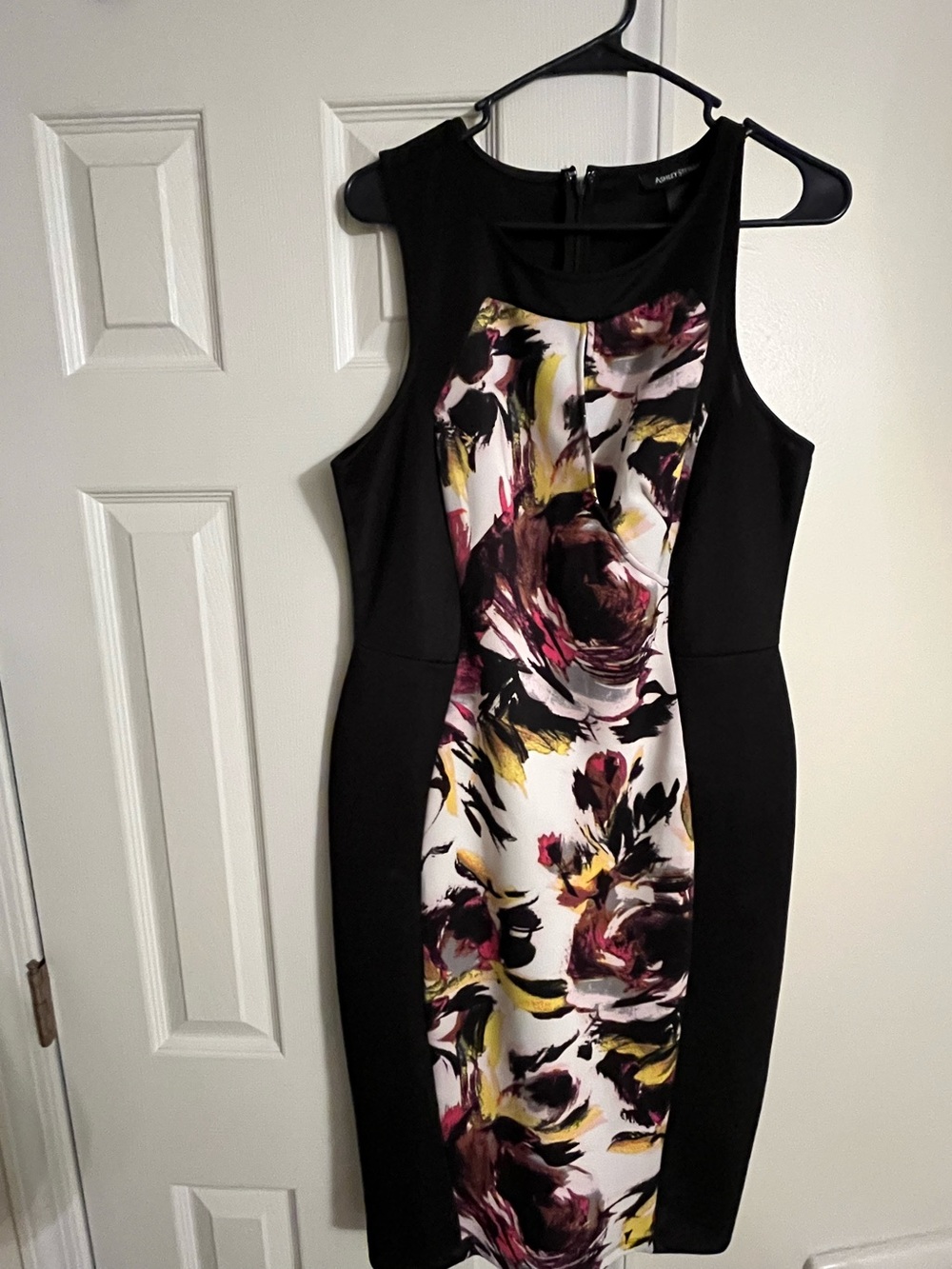Ashley Stewart Black Sheath Dress with Floral Center Panel